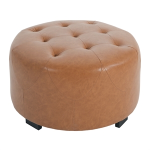 29.25&quot Orange Brown Faux Leather Button Tufted Round Ottoman with Birch Legs
