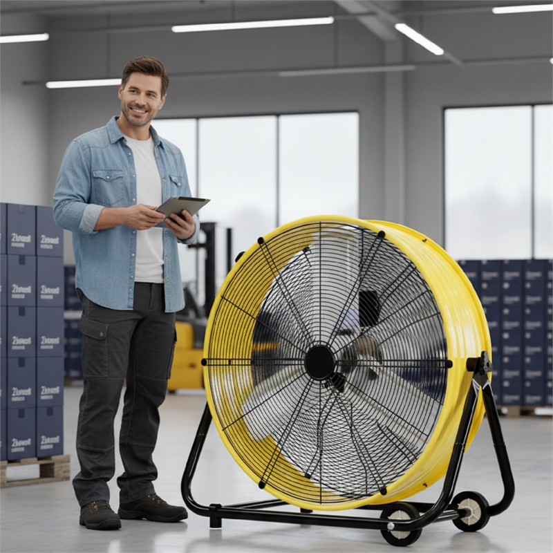 Yellow Aluminum Industrial Drum Fan with Wheels & 4650 CFM High Velocity Airflow