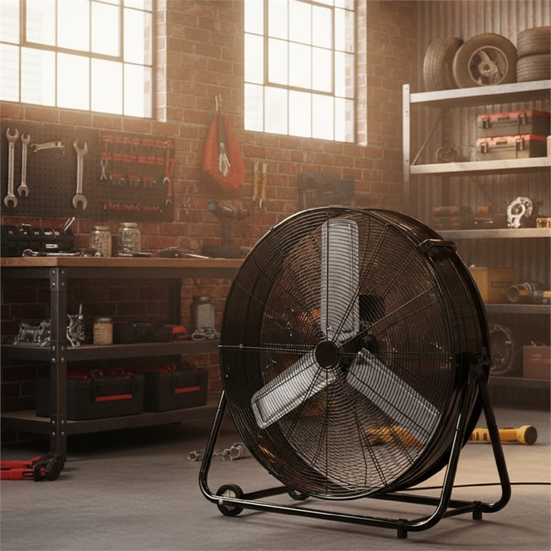 Black Aluminum Industrial Drum Fan with Wheels & 4650 CFM High Velocity Airflow