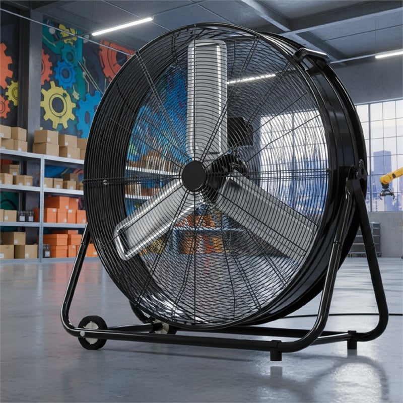 Black Aluminum Industrial Drum Fan with Wheels & 4650 CFM High Velocity Airflow