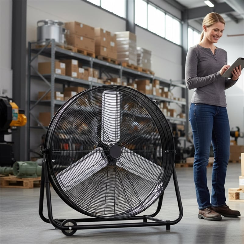 Black Aluminum Industrial Drum Fan with Wheels & 4650 CFM High Velocity Airflow