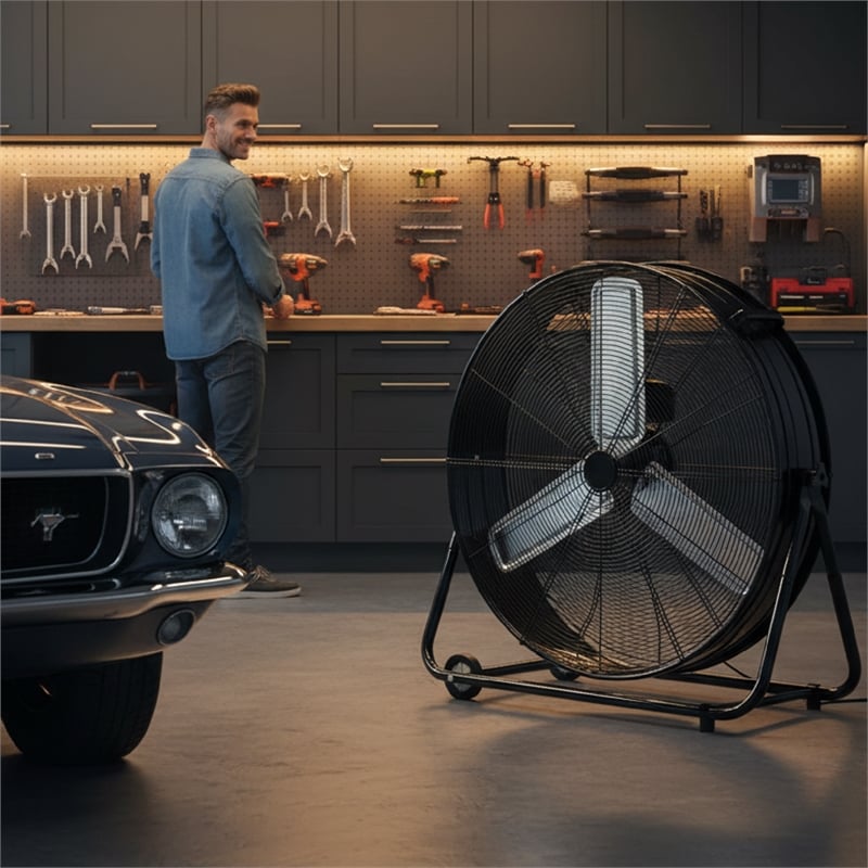 Black Aluminum Industrial Drum Fan with Wheels & 4650 CFM High Velocity Airflow