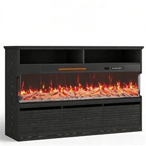 Black Engineered Wood TV Stand with 50&quot Electric Fireplace for TVs up to 65&quot
