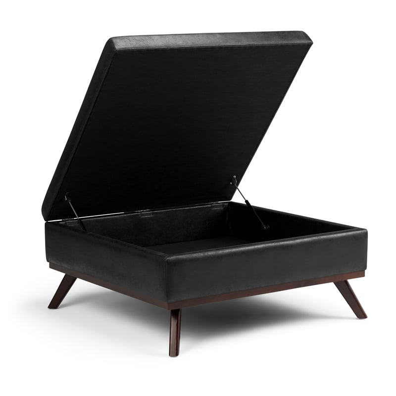 Black Faux Leather Mid-Century Square Storage Ottoman with Hydraulic Lift Lid