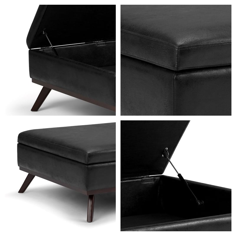 Black Faux Leather Mid-Century Square Storage Ottoman with Hydraulic Lift Lid