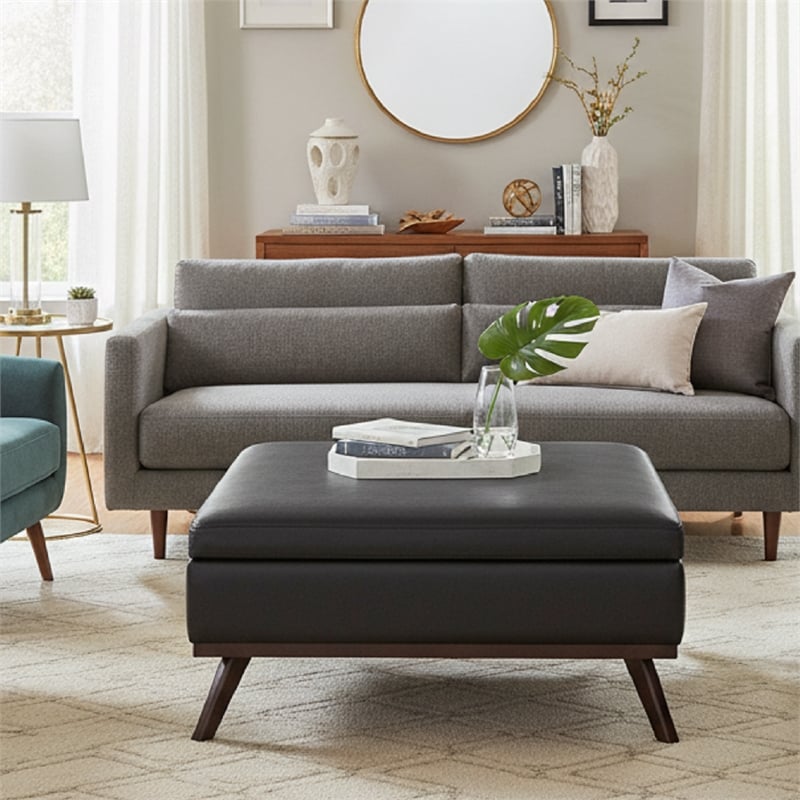 Black Faux Leather Mid-Century Square Storage Ottoman with Hydraulic Lift Lid