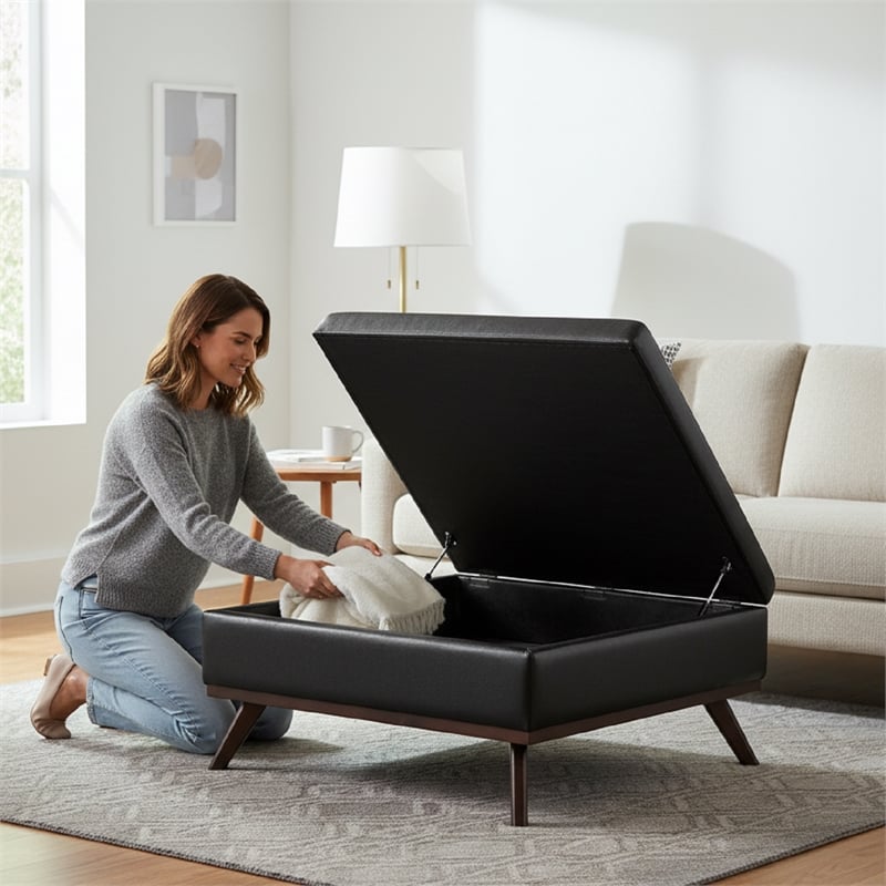 Black Faux Leather Mid-Century Square Storage Ottoman with Hydraulic Lift Lid
