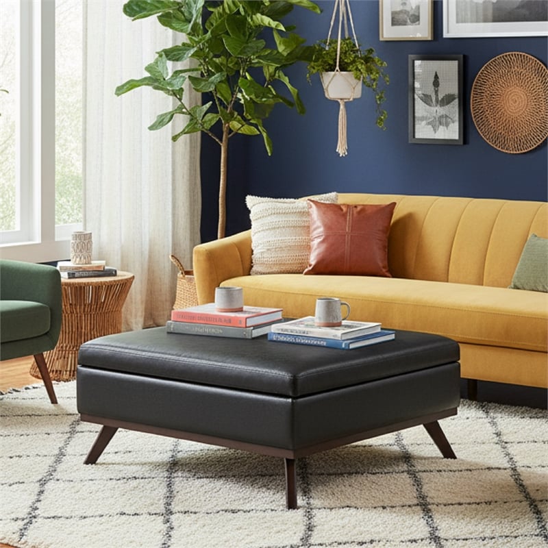 Black Faux Leather Mid-Century Square Storage Ottoman with Hydraulic Lift Lid