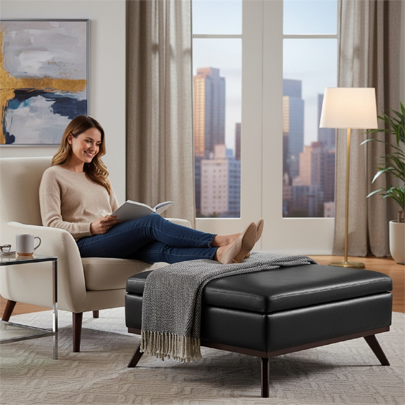 Black Faux Leather Mid-Century Square Storage Ottoman with Hydraulic Lift Lid