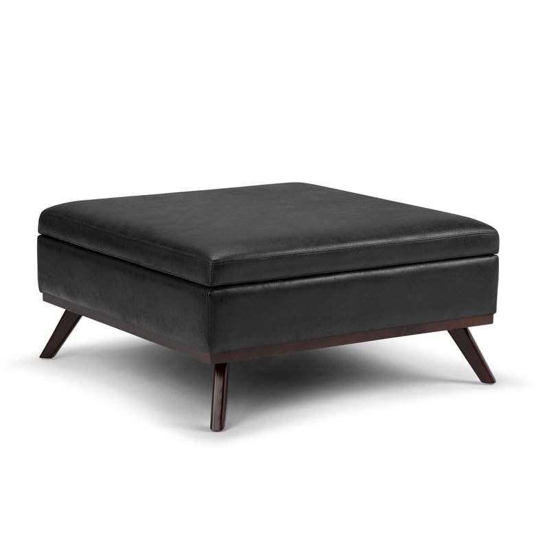 Black Faux Leather Mid-Century Square Storage Ottoman with Hydraulic Lift Lid