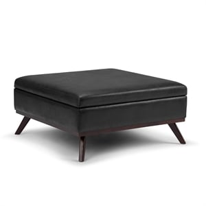Black Faux Leather Mid-Century Square Storage Ottoman with Hydraulic Lift Lid