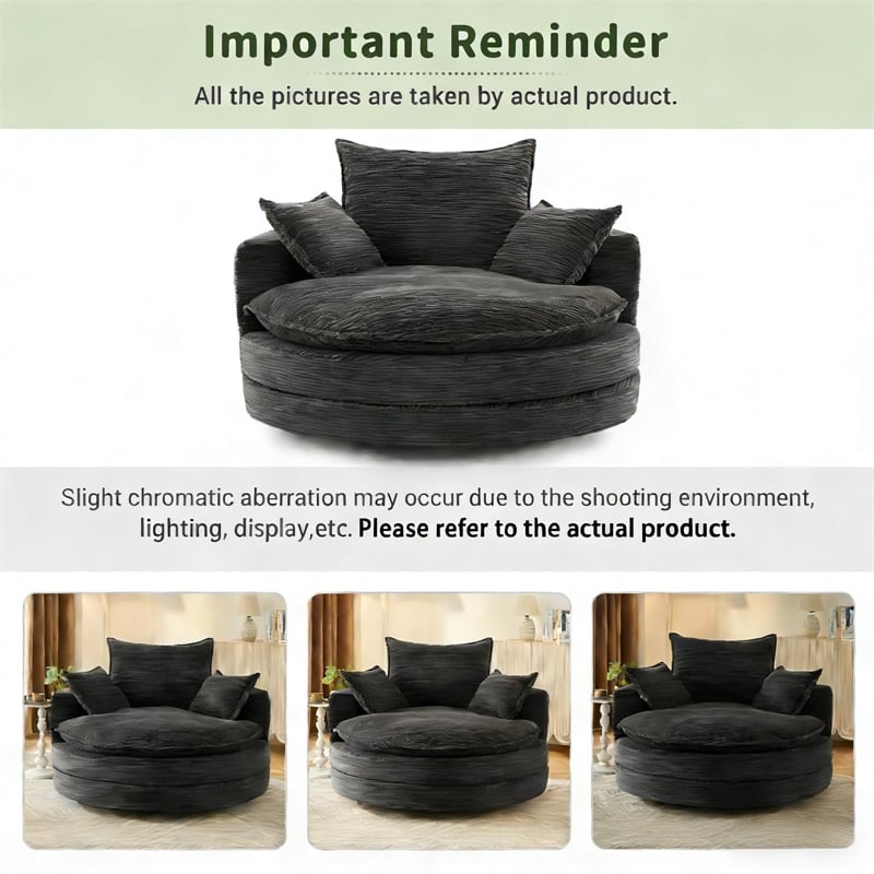 Corduroy Fabric Swivel  Accent Barrel Chair with Dual-layer Cushion (Black)