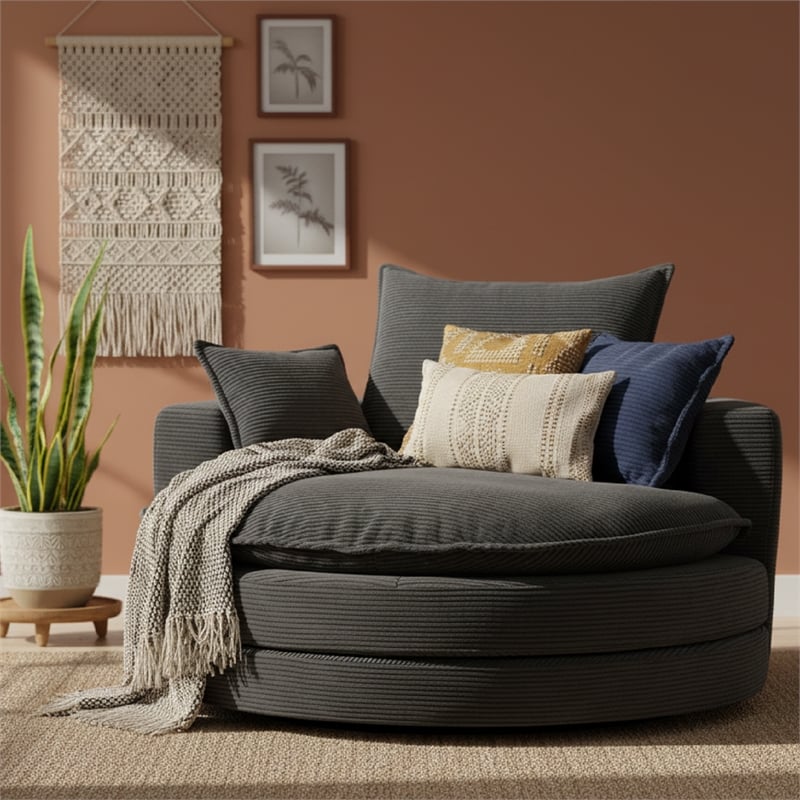 Corduroy Fabric Swivel  Accent Barrel Chair with Dual-layer Cushion (Black)