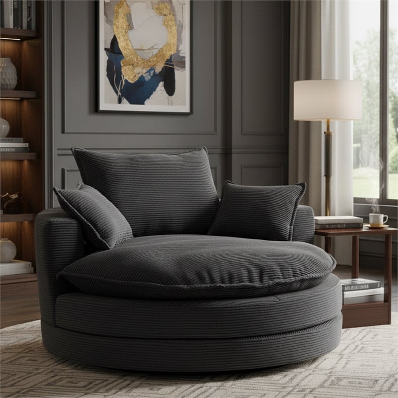 Corduroy Fabric Swivel  Accent Barrel Chair with Dual-layer Cushion (Black)