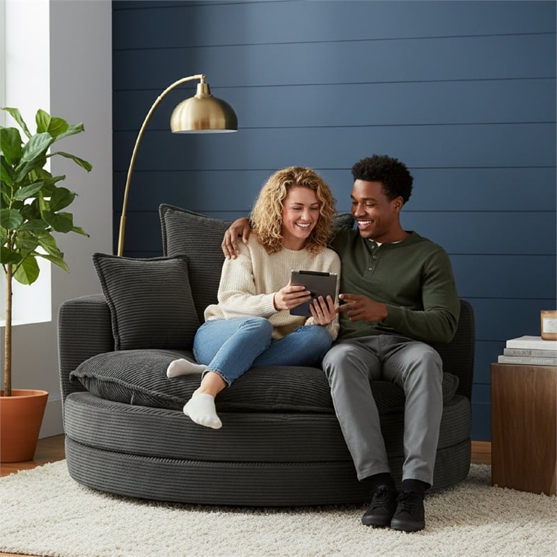 Corduroy Fabric Swivel  Accent Barrel Chair with Dual-layer Cushion (Black)