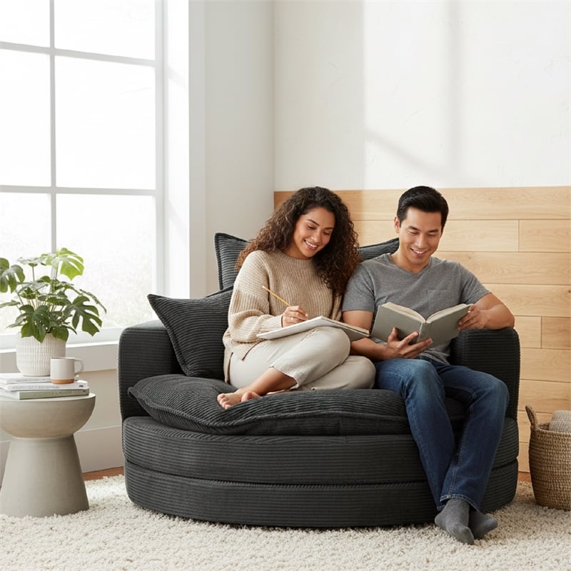 Corduroy Fabric Swivel  Accent Barrel Chair with Dual-layer Cushion (Black)