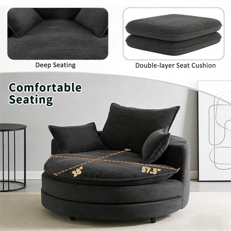 Corduroy Fabric Swivel  Accent Barrel Chair with Dual-layer Cushion (Black)