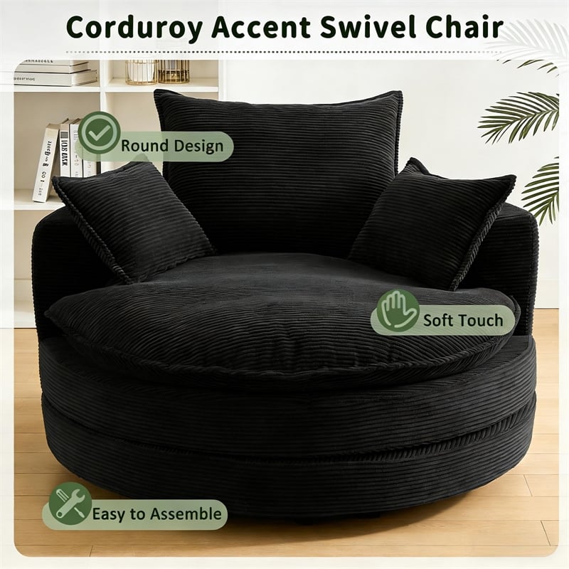 Corduroy Fabric Swivel  Accent Barrel Chair with Dual-layer Cushion (Black)