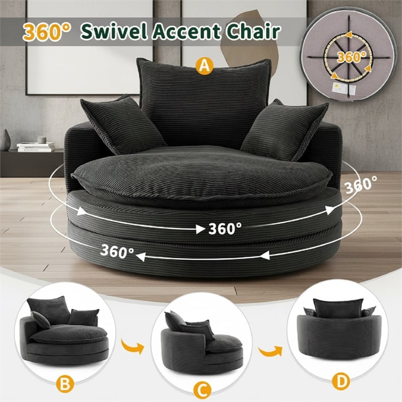 Corduroy Fabric Swivel  Accent Barrel Chair with Dual-layer Cushion (Black)