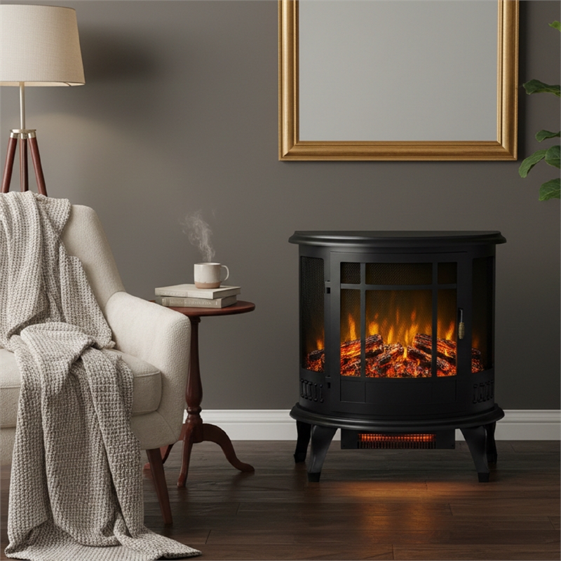 Black Metal Retro Electric Fireplace Heater 1500W Freestanding 3D Real Flame