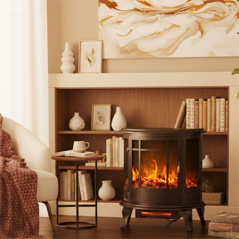 Black Metal Retro Electric Fireplace Heater 1500W Freestanding 3D Real Flame