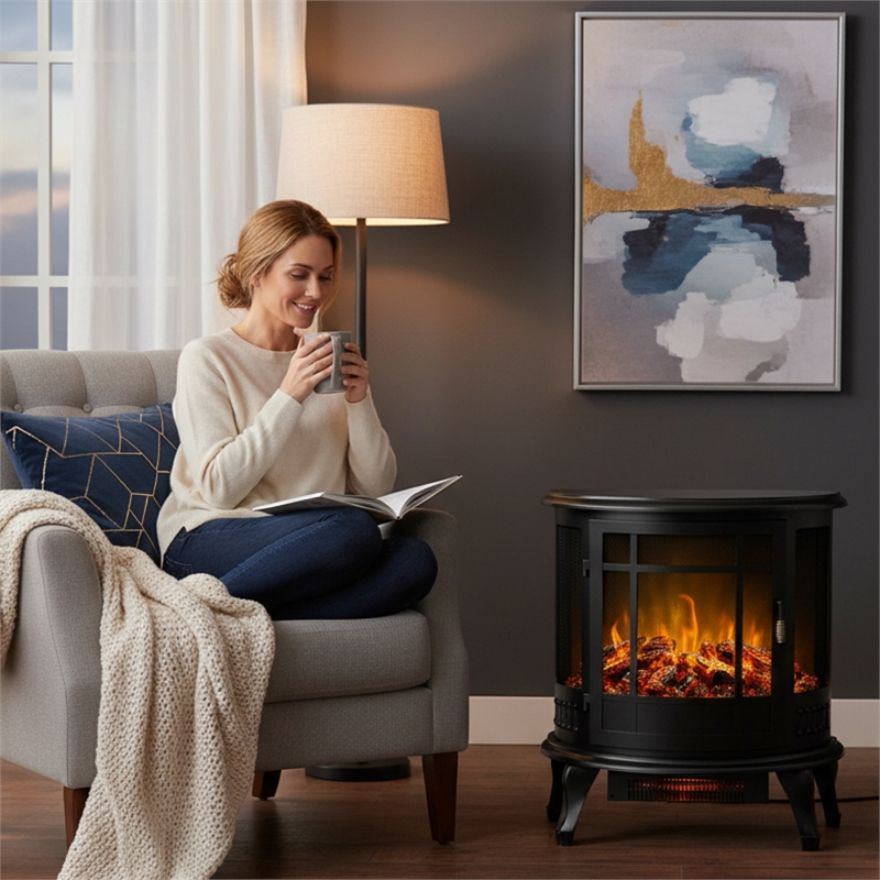 Black Metal Retro Electric Fireplace Heater 1500W Freestanding 3D Real Flame