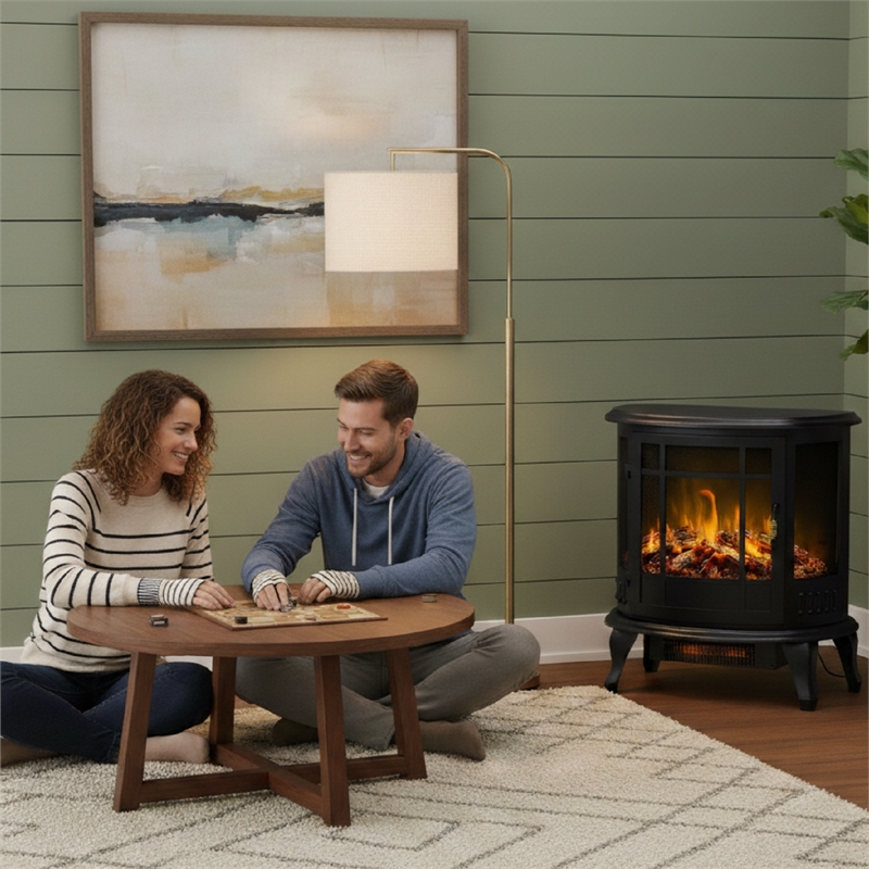 Black Metal Retro Electric Fireplace Heater 1500W Freestanding 3D Real Flame