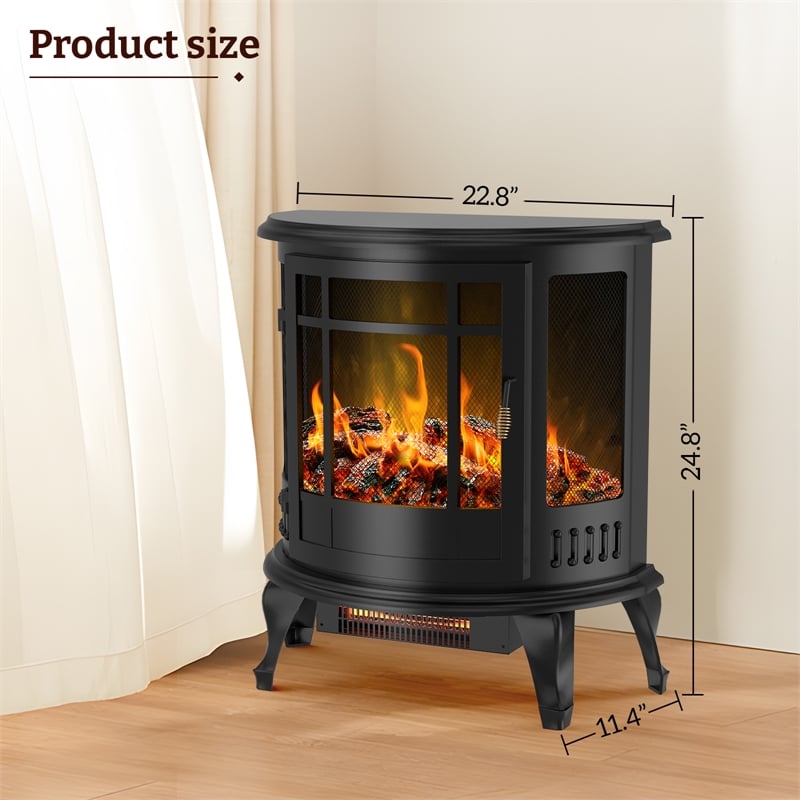 Black Metal Retro Electric Fireplace Heater 1500W Freestanding 3D Real Flame
