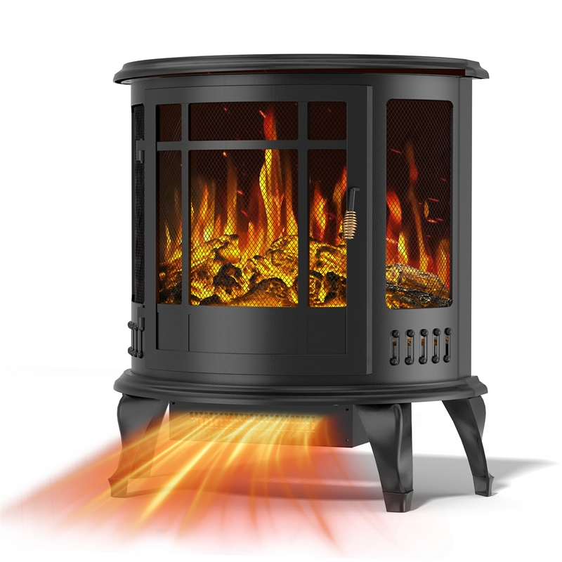 Black Metal Retro Electric Fireplace Heater 1500W Freestanding 3D Real Flame
