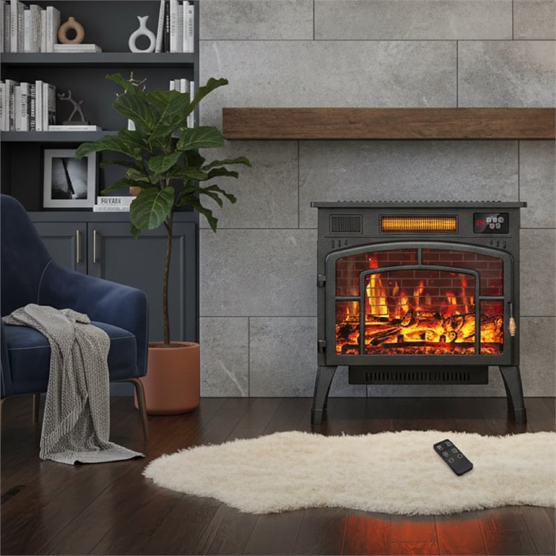Black Steel Vintage 3-Sided Electric Fireplace Heater 1500W 3D Flame with Remote