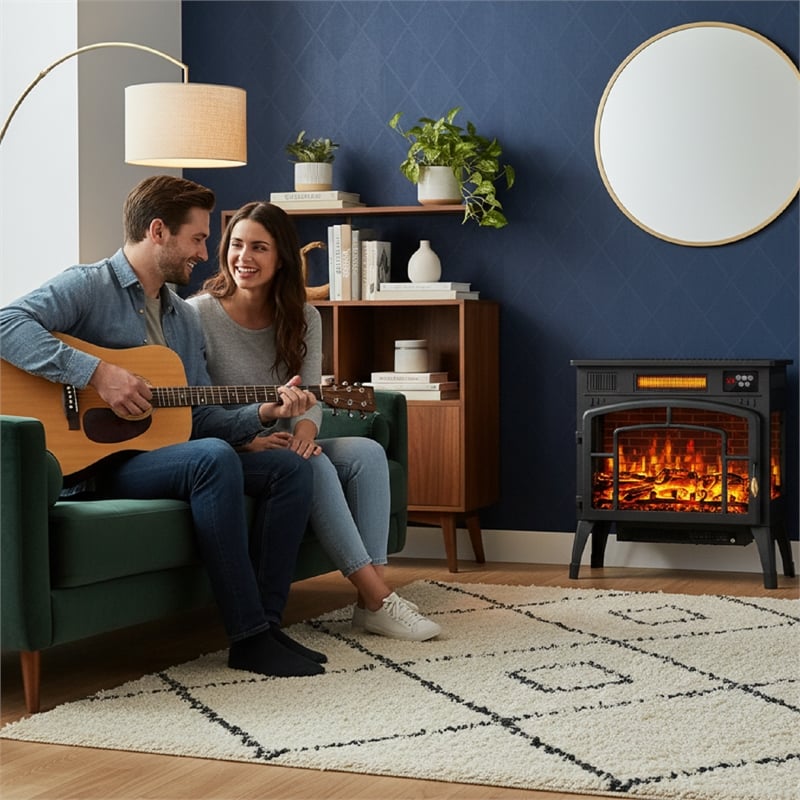 Black Steel Vintage 3-Sided Electric Fireplace Heater 1500W 3D Flame with Remote