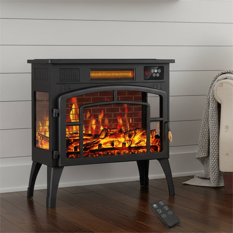 Black Steel Vintage 3-Sided Electric Fireplace Heater 1500W 3D Flame with Remote