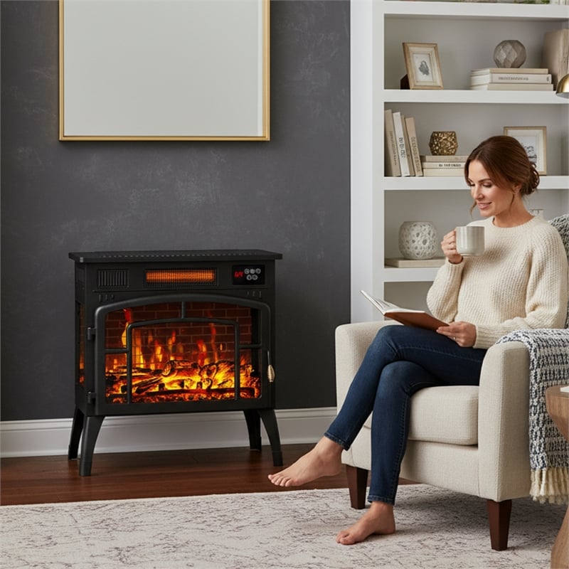 Black Steel Vintage 3-Sided Electric Fireplace Heater 1500W 3D Flame with Remote