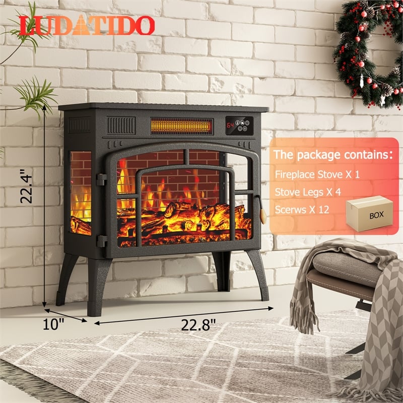 Black Steel Vintage 3-Sided Electric Fireplace Heater 1500W 3D Flame with Remote