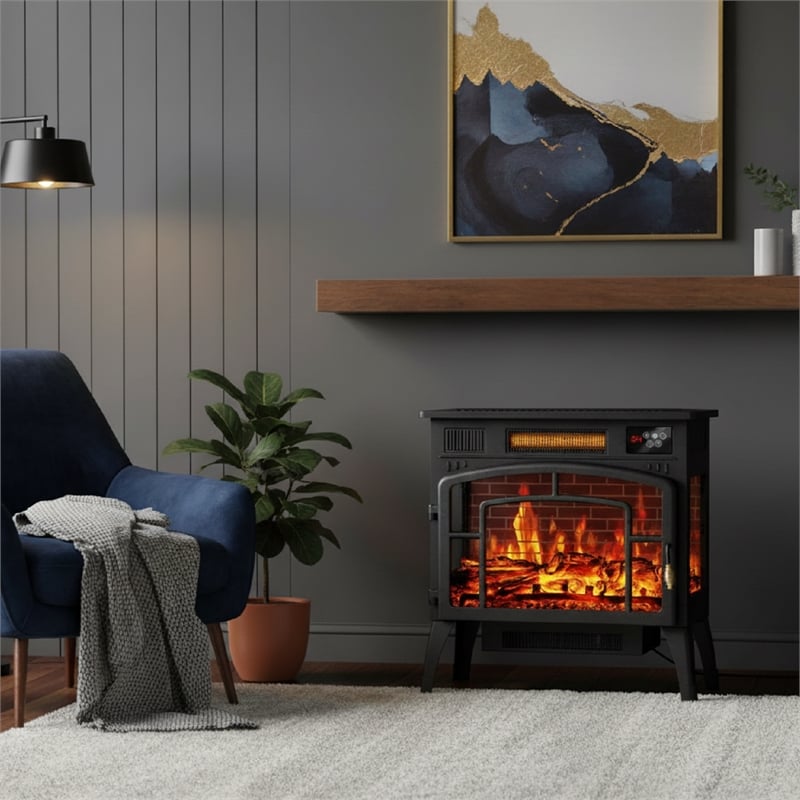 Black Steel Vintage 3-Sided Electric Fireplace Heater 1500W 3D Flame with Remote