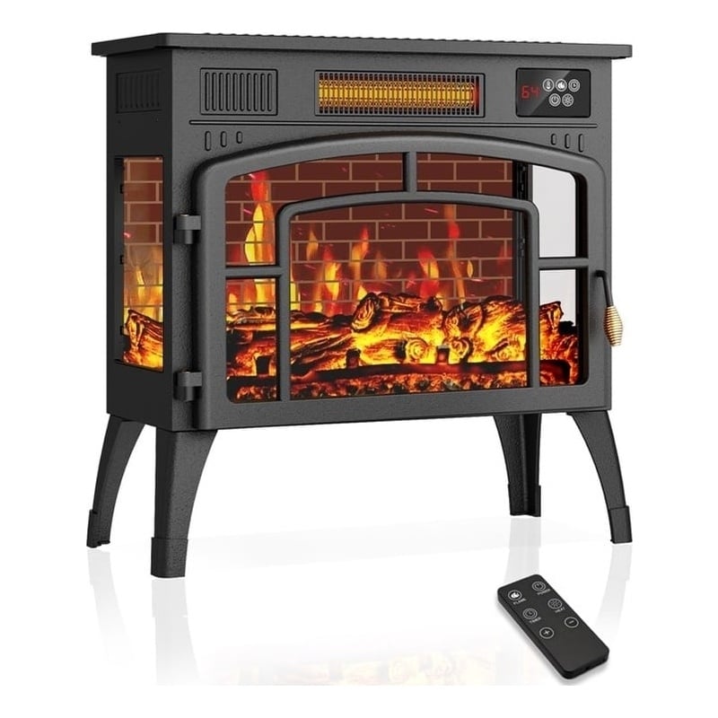 Black Steel Vintage 3-Sided Electric Fireplace Heater 1500W 3D Flame with Remote