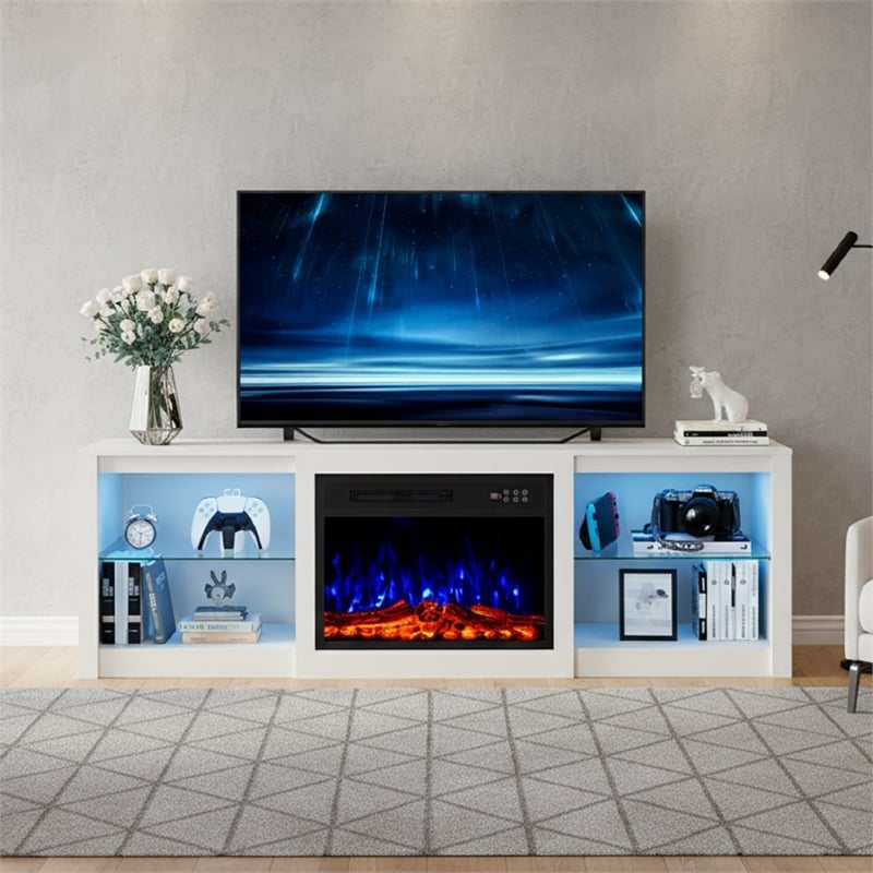 Engineered Wood White Particle Board Fireplace TV Stand for TVs up to 65