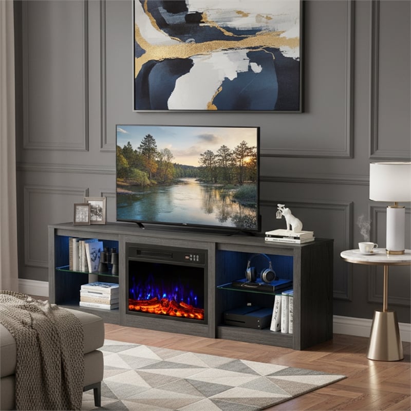 Engineered Wood Black Particle Board Fireplace TV Stand for TVs up to 65