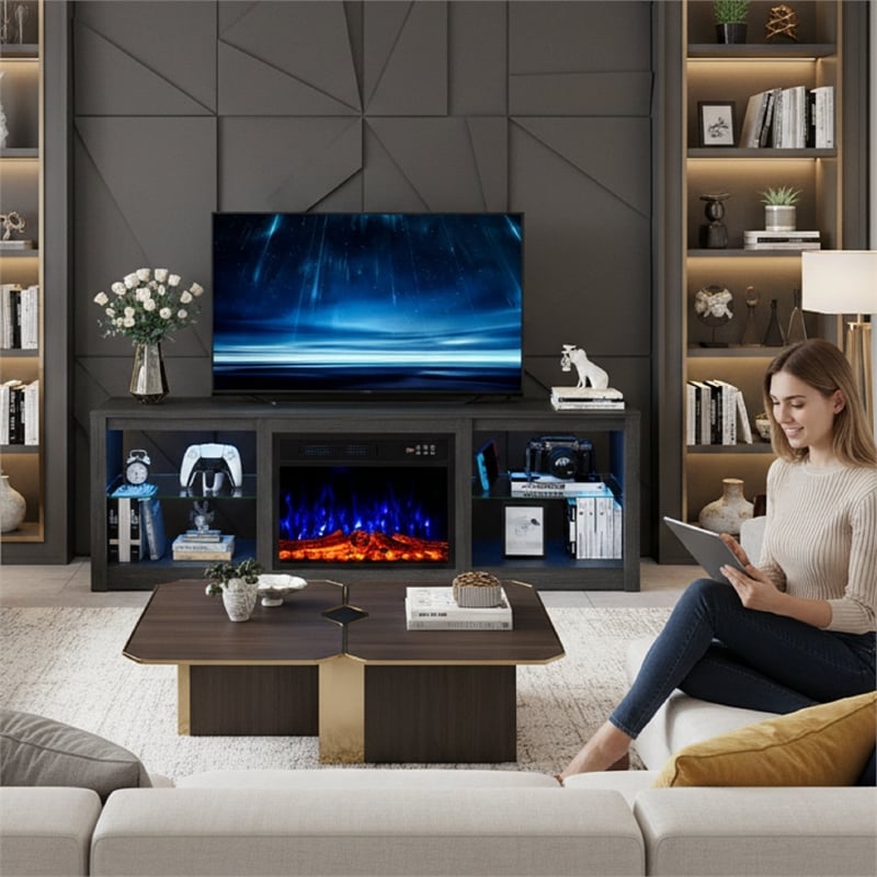 Engineered Wood Black Particle Board Fireplace TV Stand for TVs up to 65