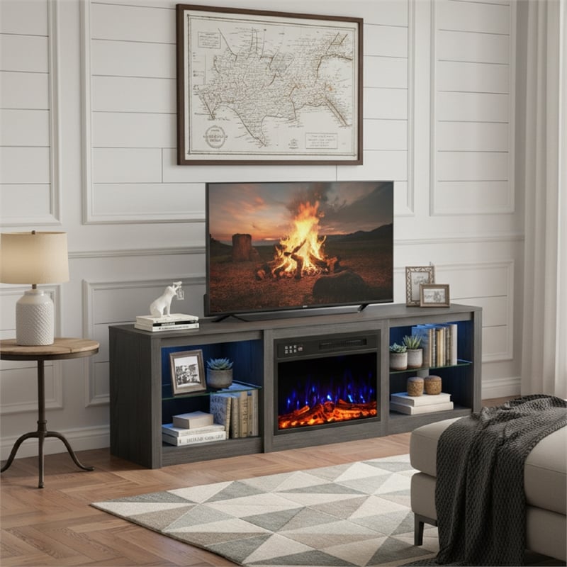 Engineered Wood Black Particle Board Fireplace TV Stand for TVs up to 65