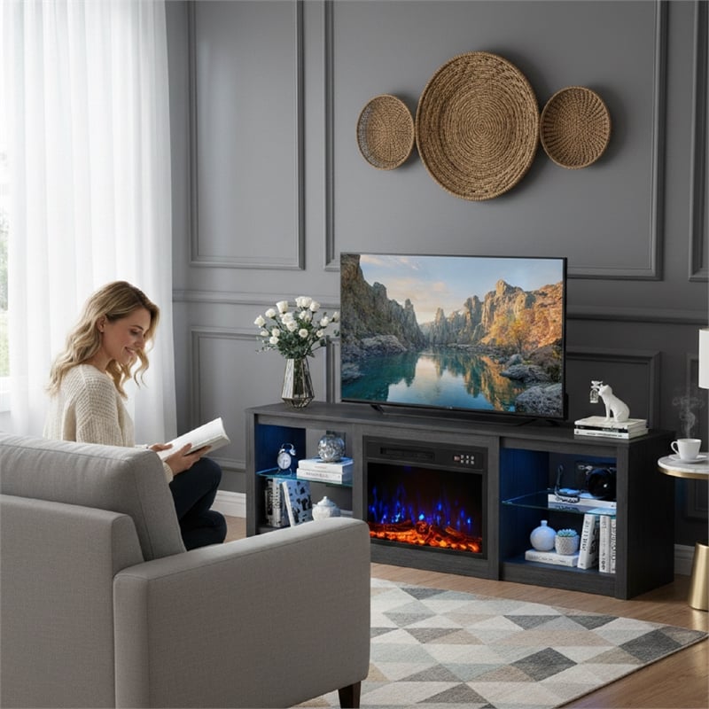 Engineered Wood Black Particle Board Fireplace TV Stand for TVs up to 65