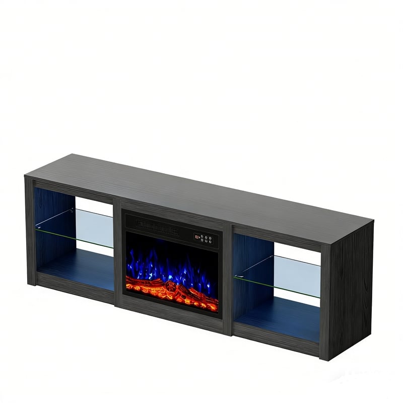 Engineered Wood Black Particle Board Fireplace TV Stand for TVs up to 65