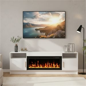 70&quot White Engineered Wood TV Stand with Electric Fireplace Fits Up to 75&quot TVs