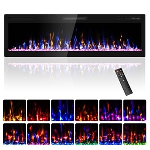 60&quot Black Ultra-Thin Recessed Electric Fireplace with 3D HD Flames & Remote