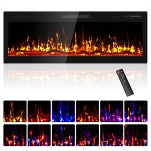 50&quot Black Ultra-Thin Recessed Electric Fireplace with 3D HD Flames & Remote