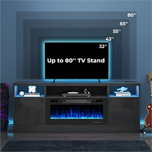 70&quot Black TV Stand with 36&quot Electric Fireplace & LED Lights & Charging Ports