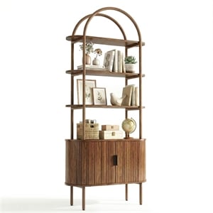 71&quotH Brown Engineered Wood Arched Bookshelf with 4-Tier Shelf & Fluted Cabinet