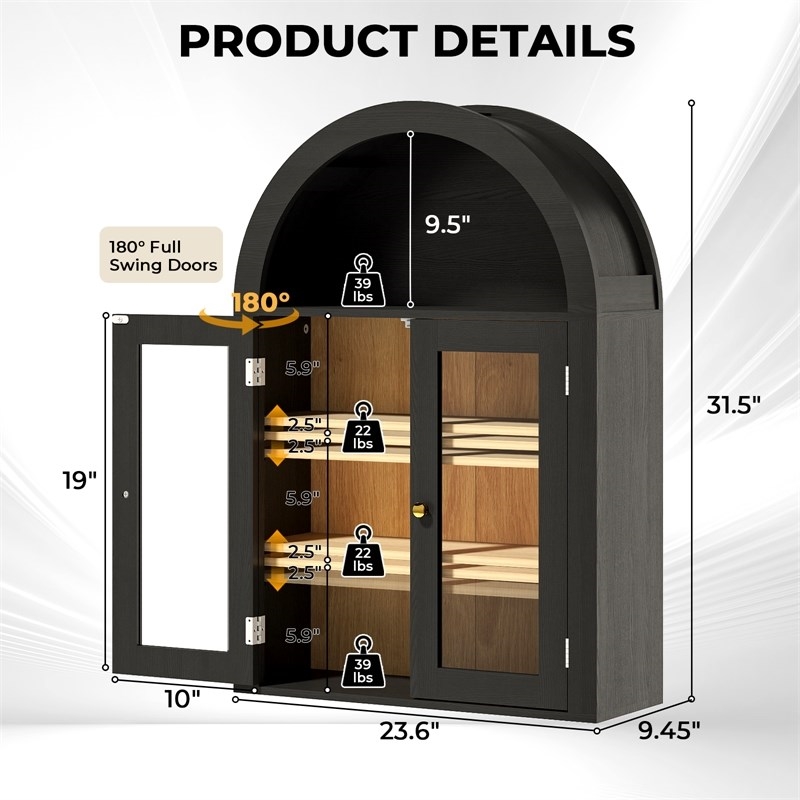 Black Engineered Wood Arch Wall Cabinet with Glass Doors & 4-Tier Shelves