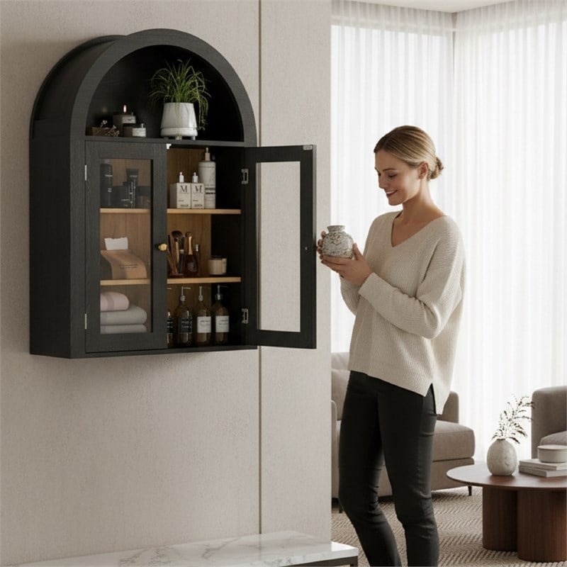 Black Engineered Wood Arch Wall Cabinet with Glass Doors & 4-Tier Shelves