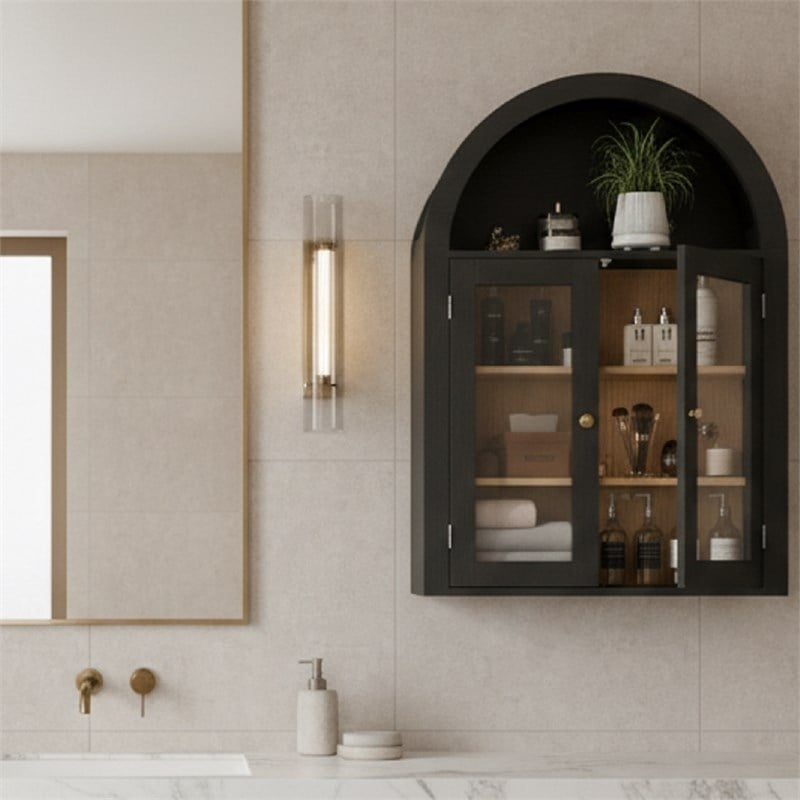 Black Engineered Wood Arch Wall Cabinet with Glass Doors & 4-Tier Shelves